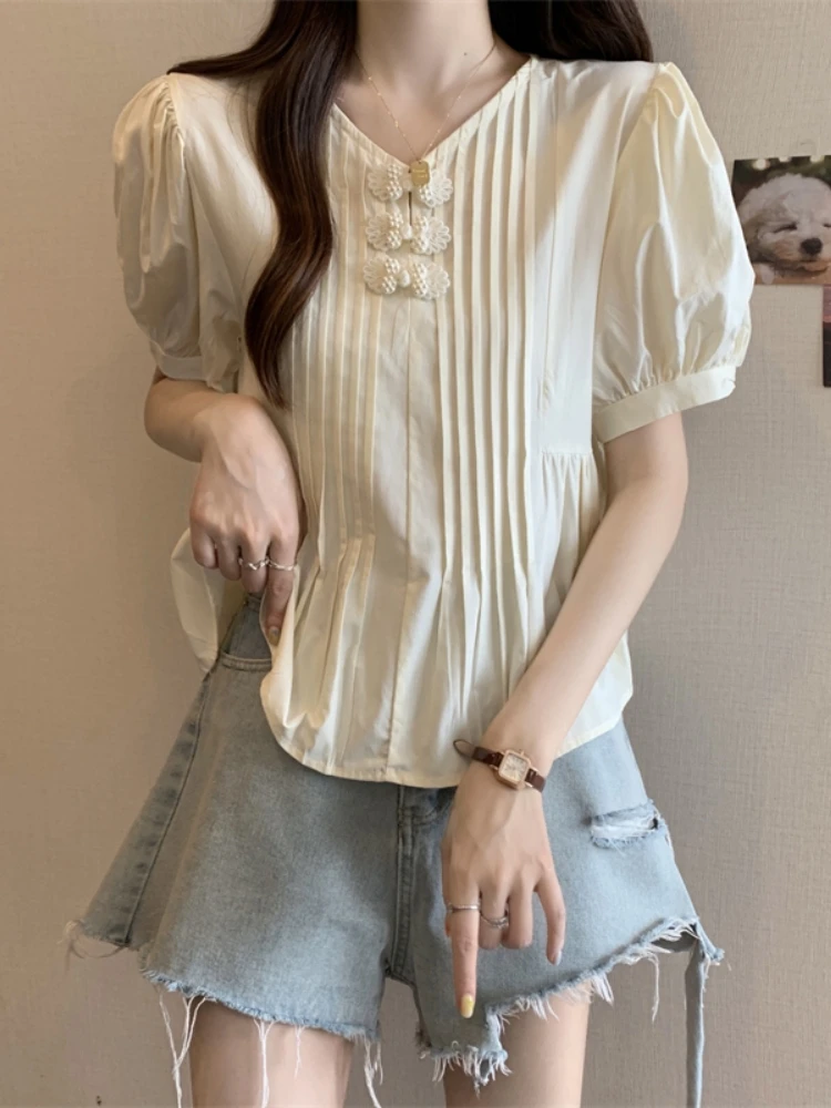 

New Chinese Style Button up Shirt Women's Summer Fashion plus Size Bubble Sleeve Short Sleeve V Neck Slimming Design Sense