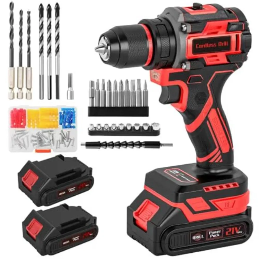 

Cordless Drill 21V Brushless Power Drill with Dual 2.0Ah Power Pack and Charger Electric Drills Set 3/8" Metal Chuck 25+1 Torqu