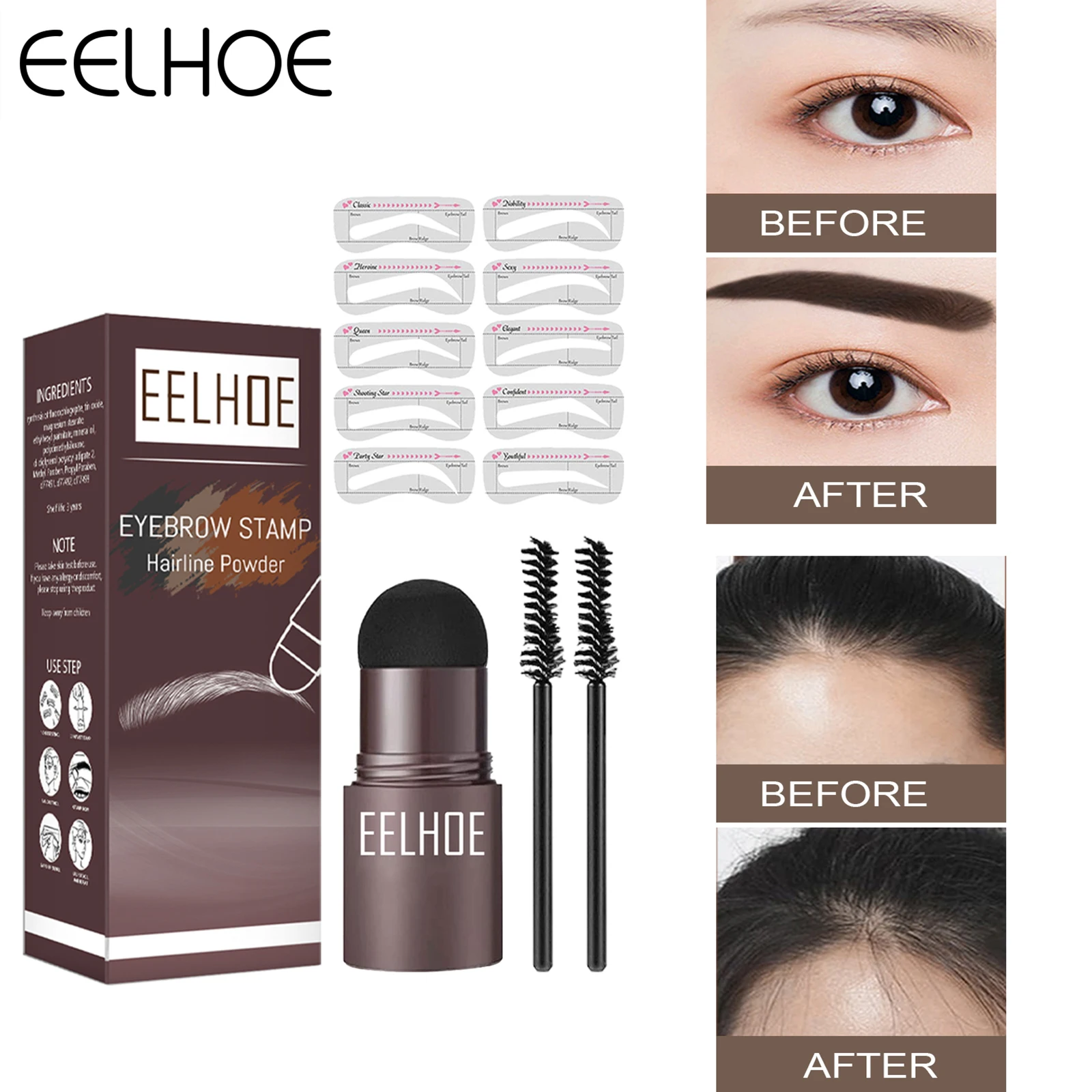 EELHOE Kit Eyebrow Stamp with Eyebrow Stencils Brow Brushes Hairline Powder Long Lasting Makeup Eyebrow Definer Shaping Set