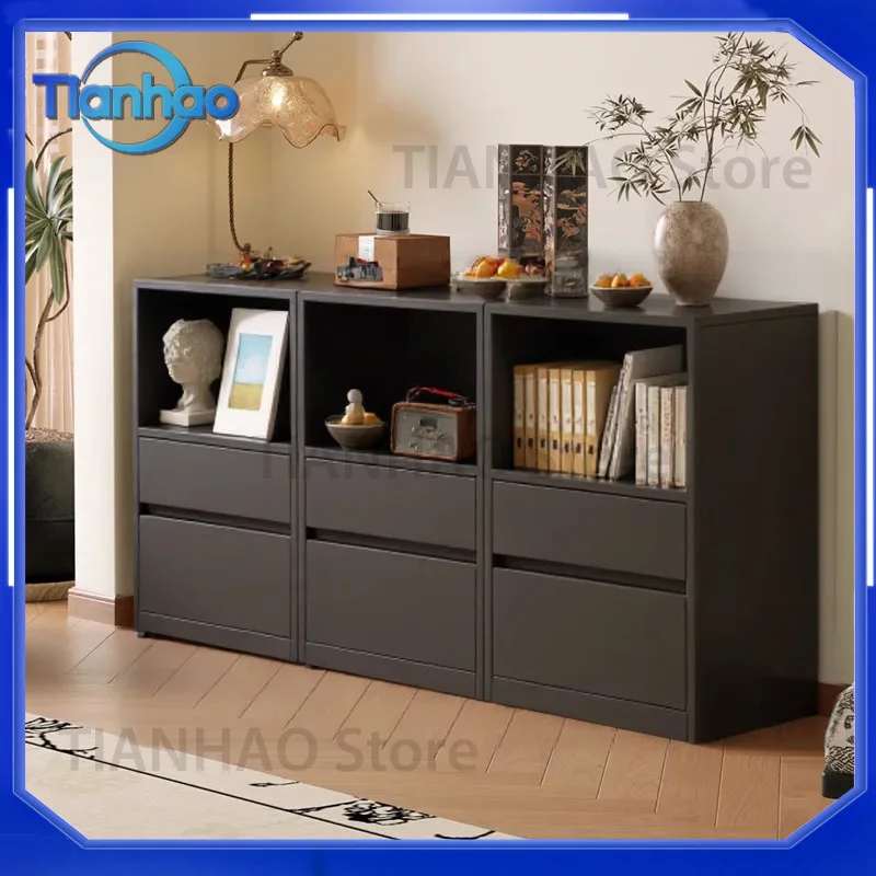 Bookshelf Storage Cabinet Low Cabinet Floor Standing Solid Wood Wall Mounted Living Room Retro Display Shelf Drawer Storage