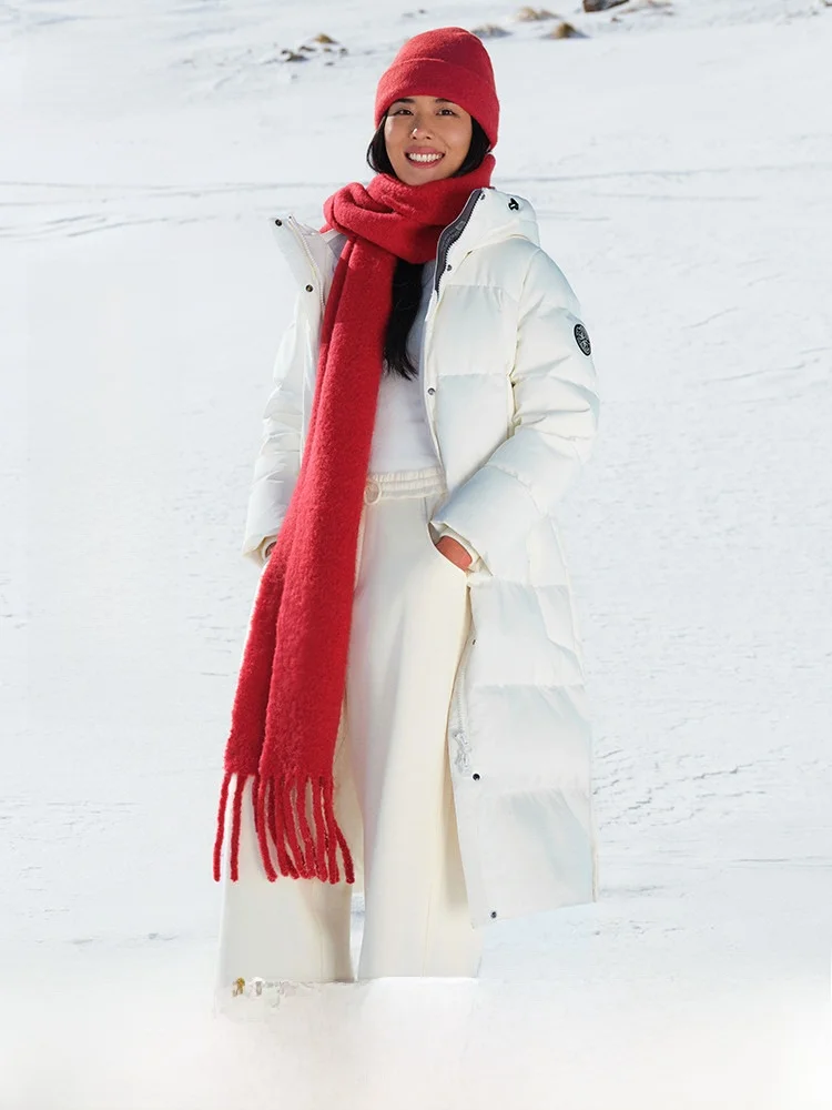 

Новая женская удлиненная пуховая куртка Snow Flying 2026 весна с капюшоном, утепленная, для спорта и активного отдыха, яркие цвета