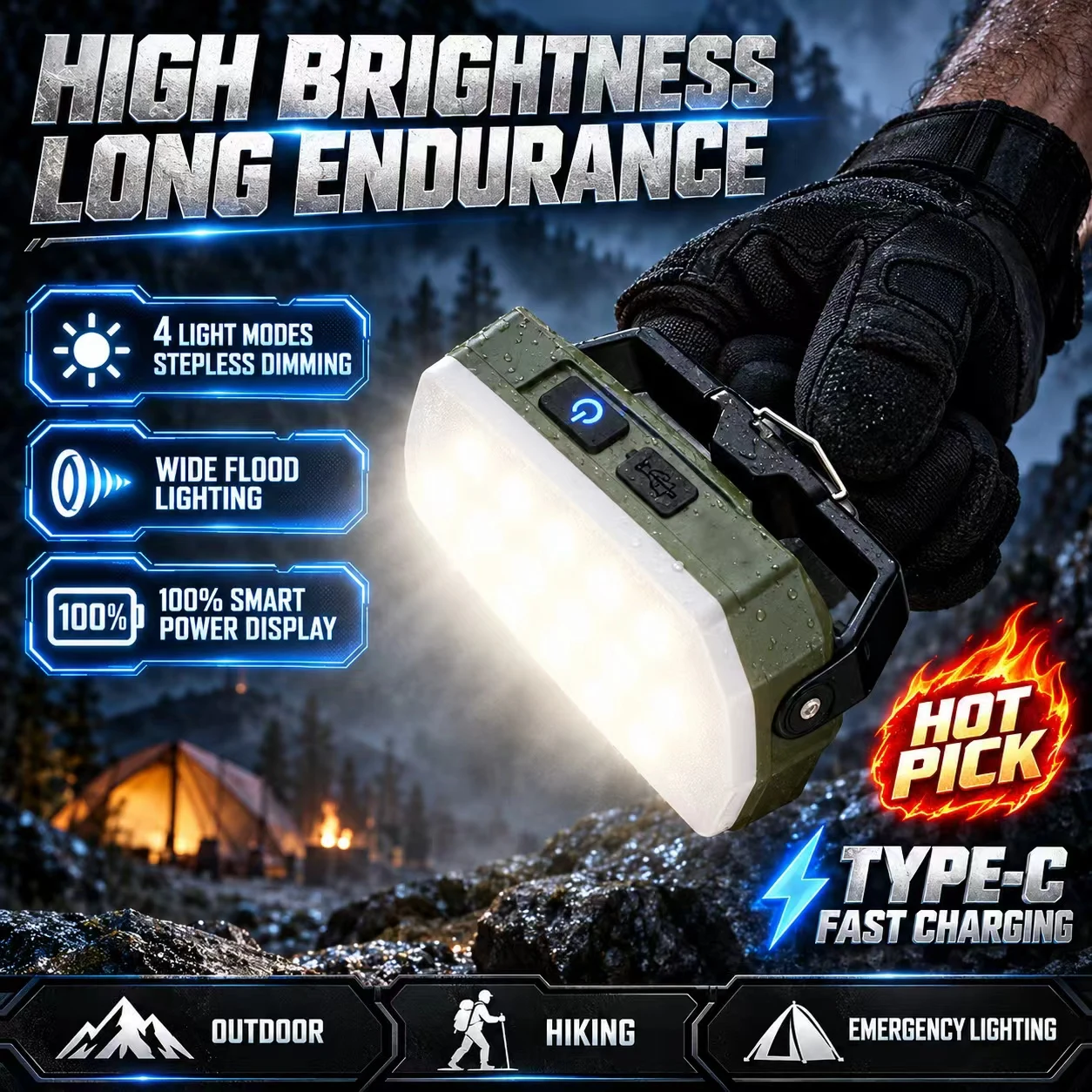 Outdoor Camping Lights, Portable Camping Tents, Camping Work Lights, Atmosphere Hanging Lights, Long-Range Rechargeable Lighting