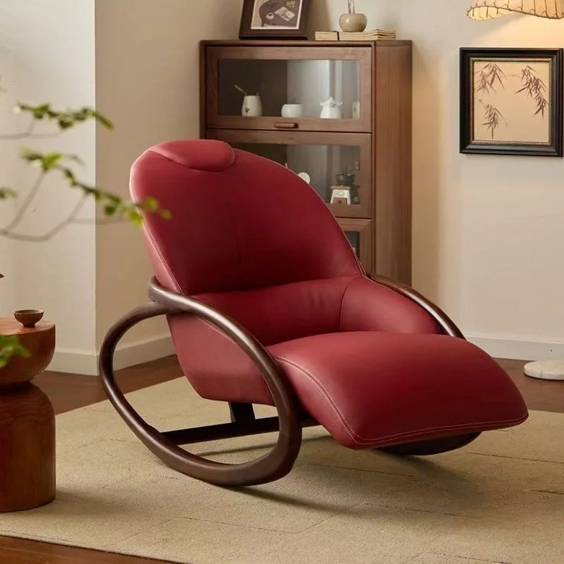 

Rocking casual solid wood balcony lounge chair single leather sofa chair lazy leisure chair