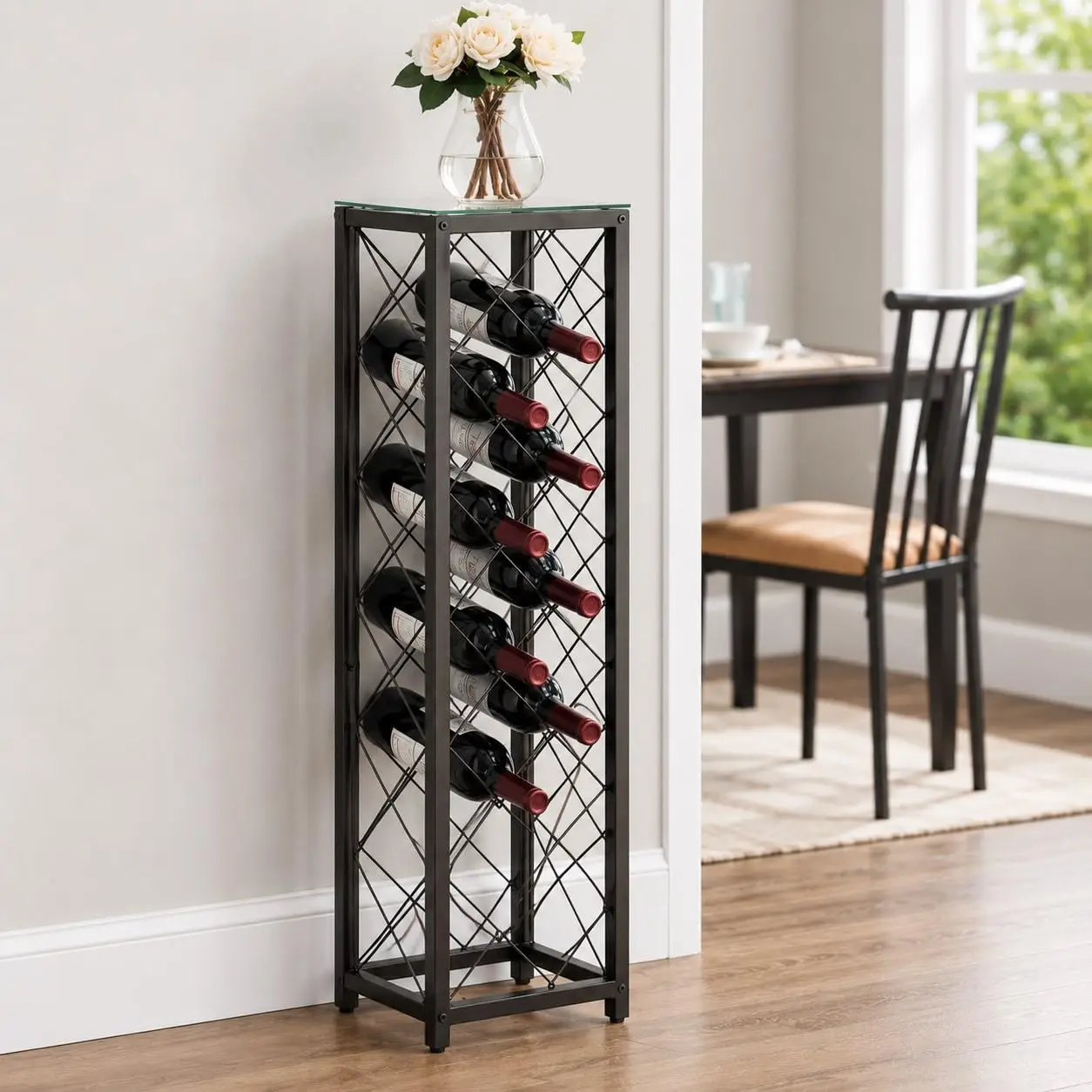 Kings Brand 13-Bottle Freestanding Wine Rack Tower with Glass Top, Pewter, Customized