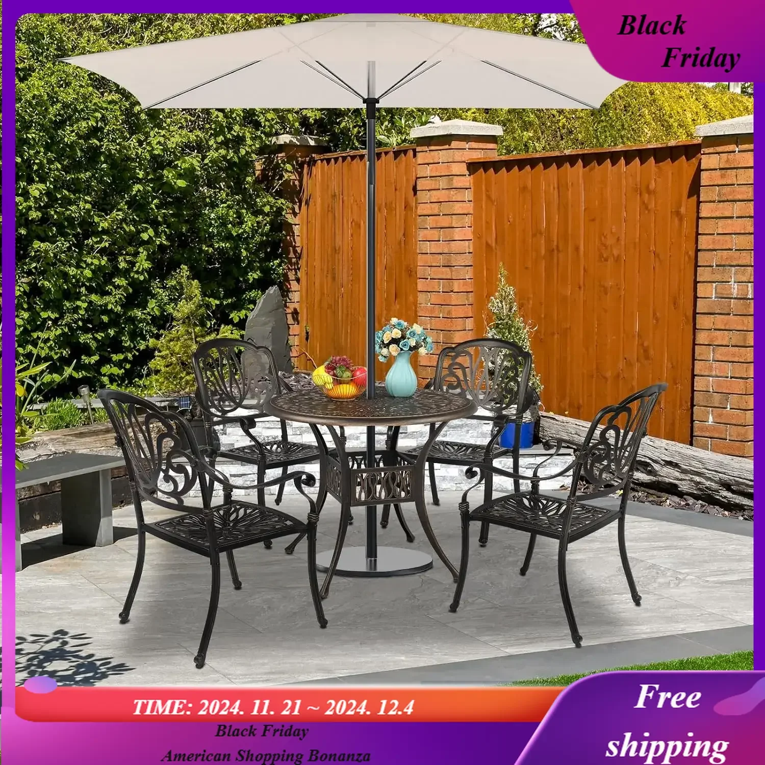 5 Pieces Outdoor Patio Dining Set, Cast Aluminium Patio Furniture Set with 4 Chairs and 1 Umbrella Table for Yard