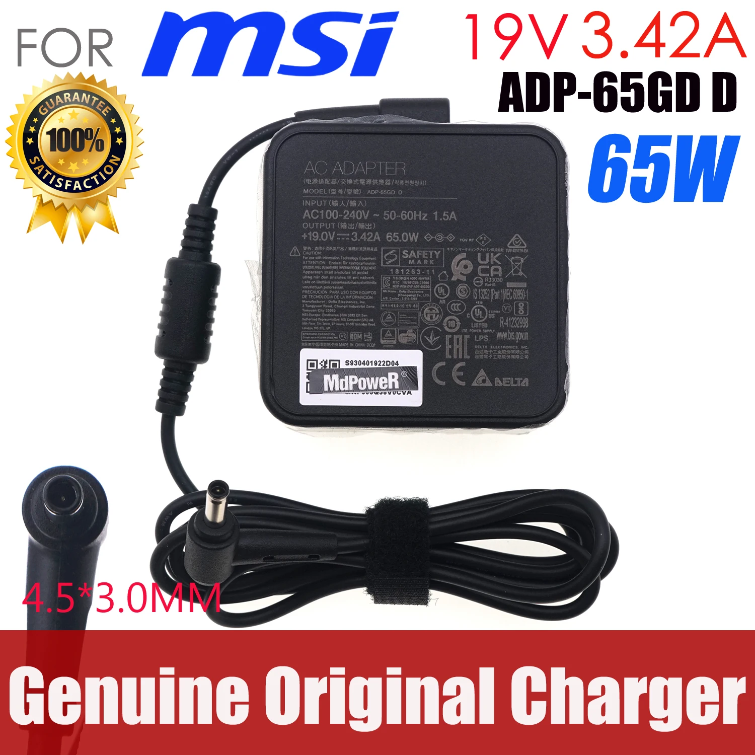 Original DELTA ADP-65GD D Power Adapter 19V 3.42A 65W 4.5x3.0mm For MSI Modern 15 MS-1552 Modern 14 Laptop Charger S930401922D04