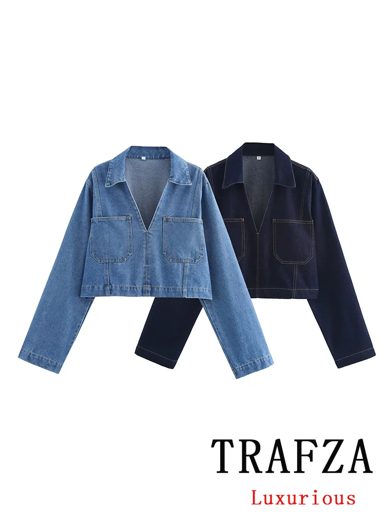 TRAFZA Vintage Casual Chic Solid Denim Koszule damskie V-Neck Kieszenie Pullover Krótka bluzka Nowa moda 2024 Jesienne topy damskie