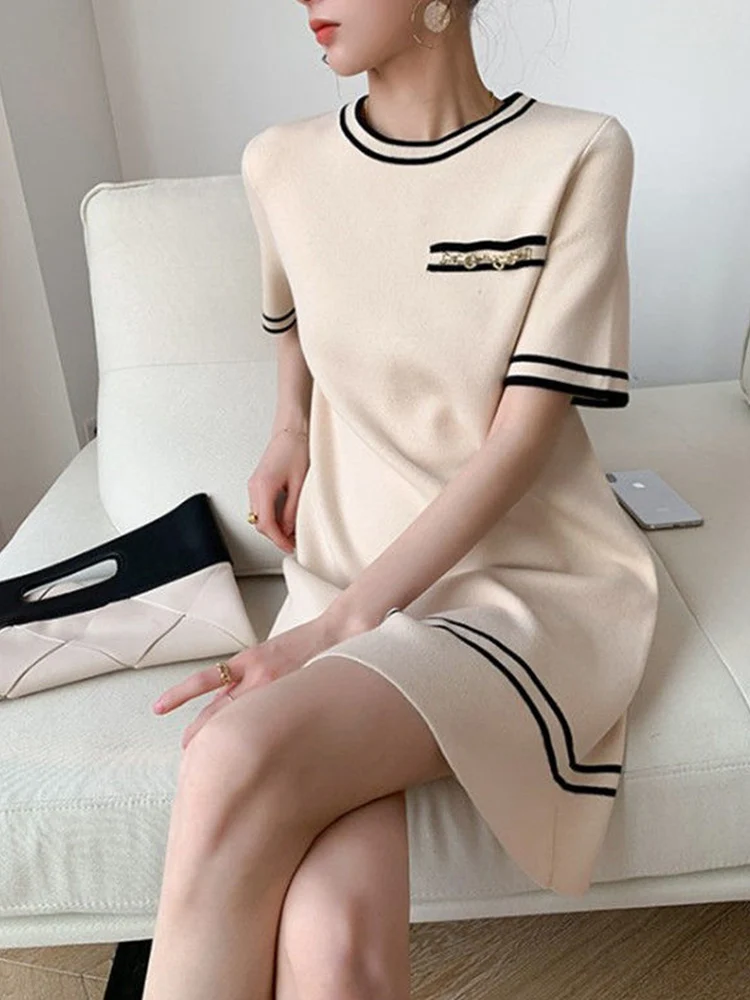 Summer Casual Loose Solid Color Dresses For Women 2022 Short Sleeve Round Neck Female Clothing Vintage Straight Party Mini Dress