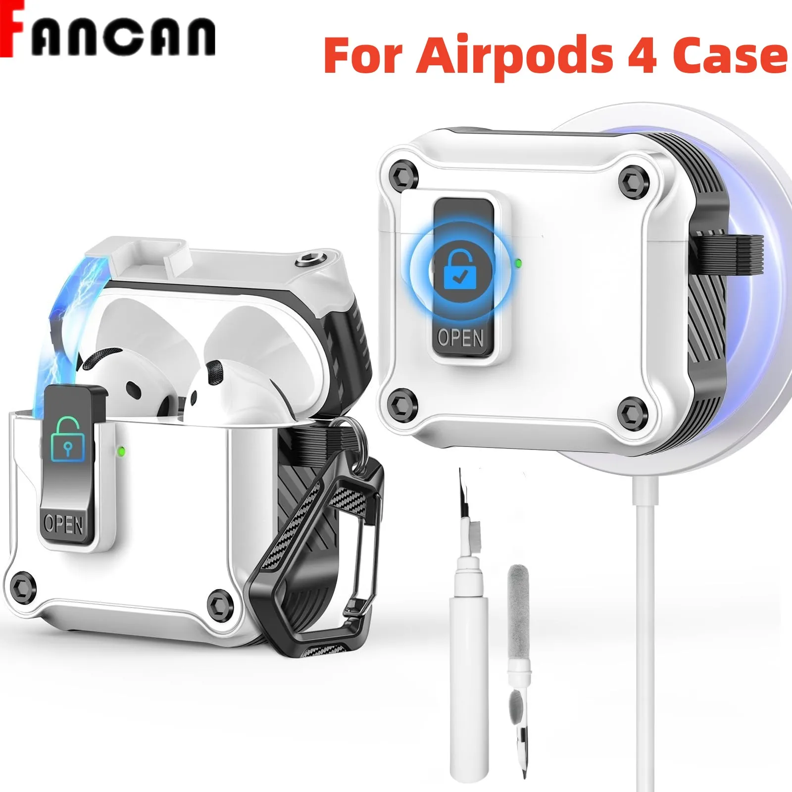 Airpods 4用キーホルダー付き耐衝撃保護ケース,セキュリティロック付き保護ケース,ヘッドフォン用,4世代,2024