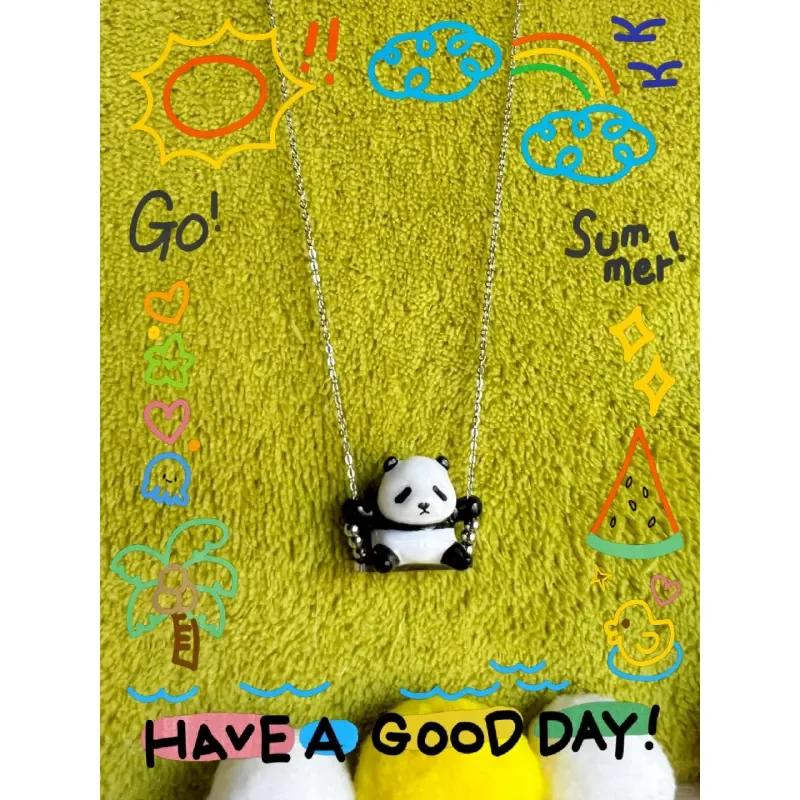 

Ethnic Style Enamel Ceramics A Red Panda Pendant Necklace Swinging on A Swing UNISEX Cute Q-version Animal Jewelry Necklace