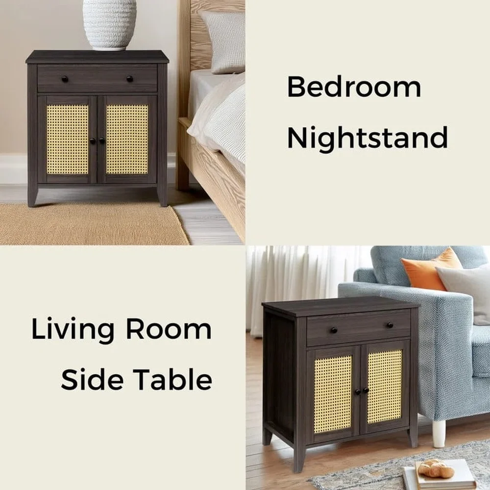 Rattan End Table Storage Cabinet with Adjustable Shelf Sliding Drawer Indoor Accent Table Walnut Finish Easy Assembly