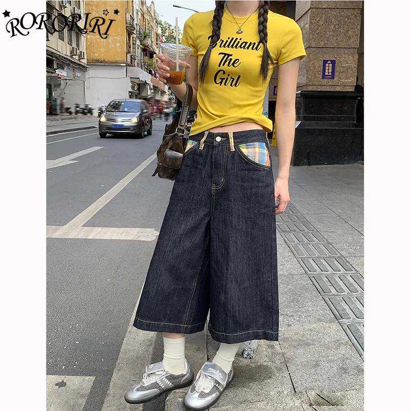 

RORORIRI Большой размер Американские ретро лоскутные темно-синие джинсовые укороченные брюки для женщин Свободные прямые брюки средней длины Jorts