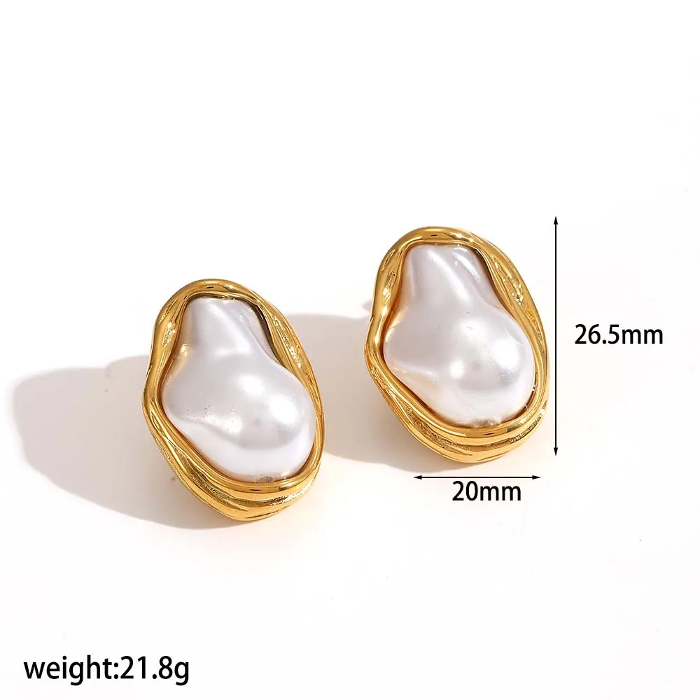 Minimalistische Edelstahl-Ohrringe mit unregelmäßigen großen Perlen, Schmucksets für Damen, trendiger Charm-Schmuck, Geschenke – Detail 5