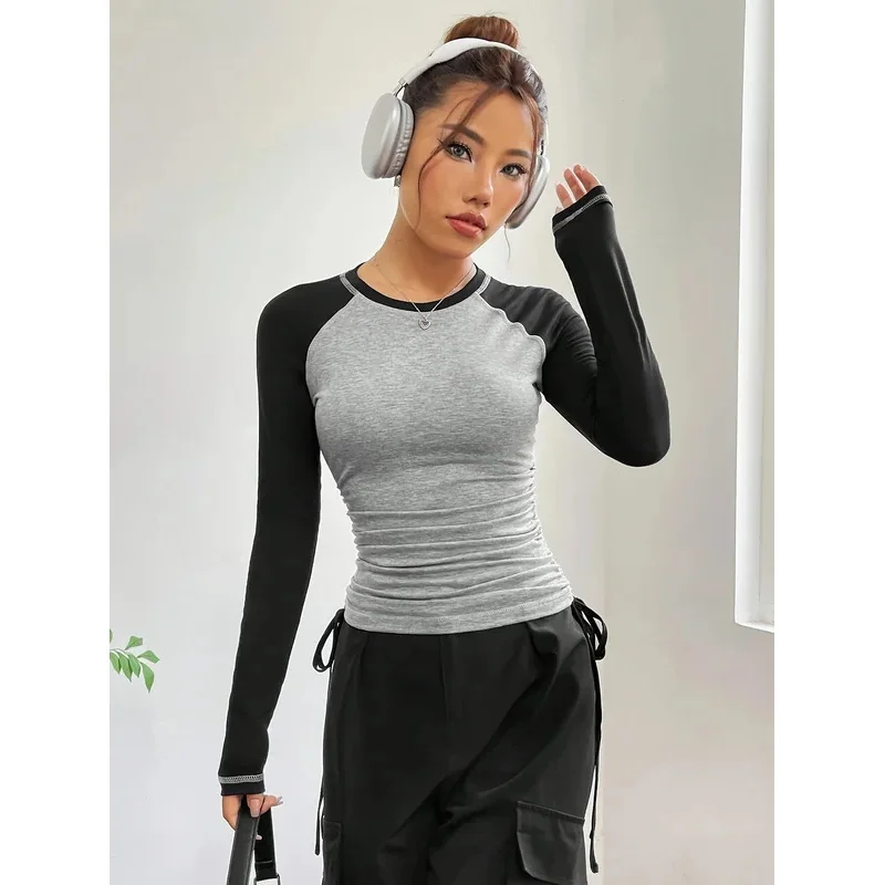 Mf8 camisetas ajustadas de manga larga para mujer, top corto para fiesta de vacaciones Y2K, manga larga coreana Harajuku Kpop, patchwork gráfico hoo8... GF