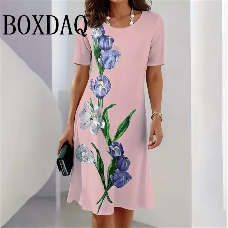 Neue frauen Kleider 3D Blume Druck Sommer Vintage Casual Kurzarm Kleider Mode Lose Sommerkleid Retro Pullover Kleidung