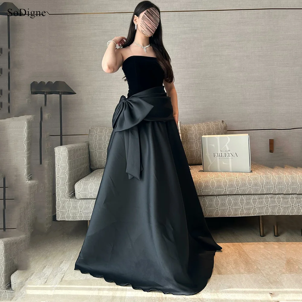 

SoDigne Elegant A-Line Satin Evening Dresses Bow Strapless Sleeveless Party Dress Pleats Formal Occasion Prom Gowns