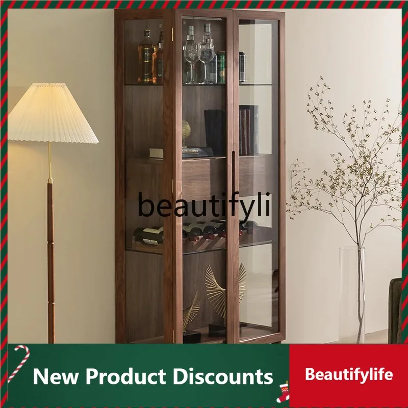 

LTModern Minimalist Black Walnut Solid Wood Double Door Bookcase Living Room Wine Cabinet Display Glass Storage Cabinet D80