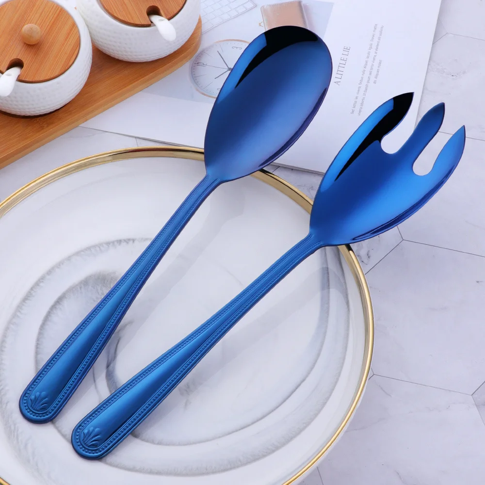 

2Pcs Salad Service Tableware White Silver Flatware Salad Distributed Spoons Fork Stainless Steel Service Dinnerware Dropshipping