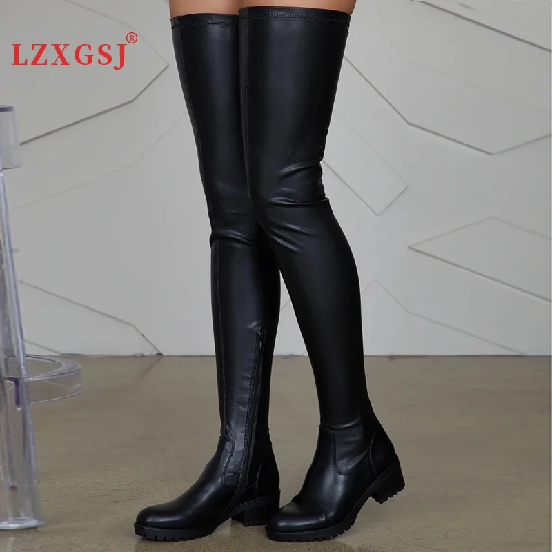 Big Size 47 Thigh High Boots Pu Leather Low Heel Over The Knee Boots Ladies Comfortable Shoes Women Boots 2024 New Winter