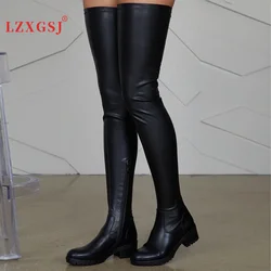 Botas altas hasta el muslo de talla grande 47, botas por encima de la rodilla de cuero Pu con tacón bajo, zapatos cómodos para mujer, botas para mujer, novedad de invierno 2024