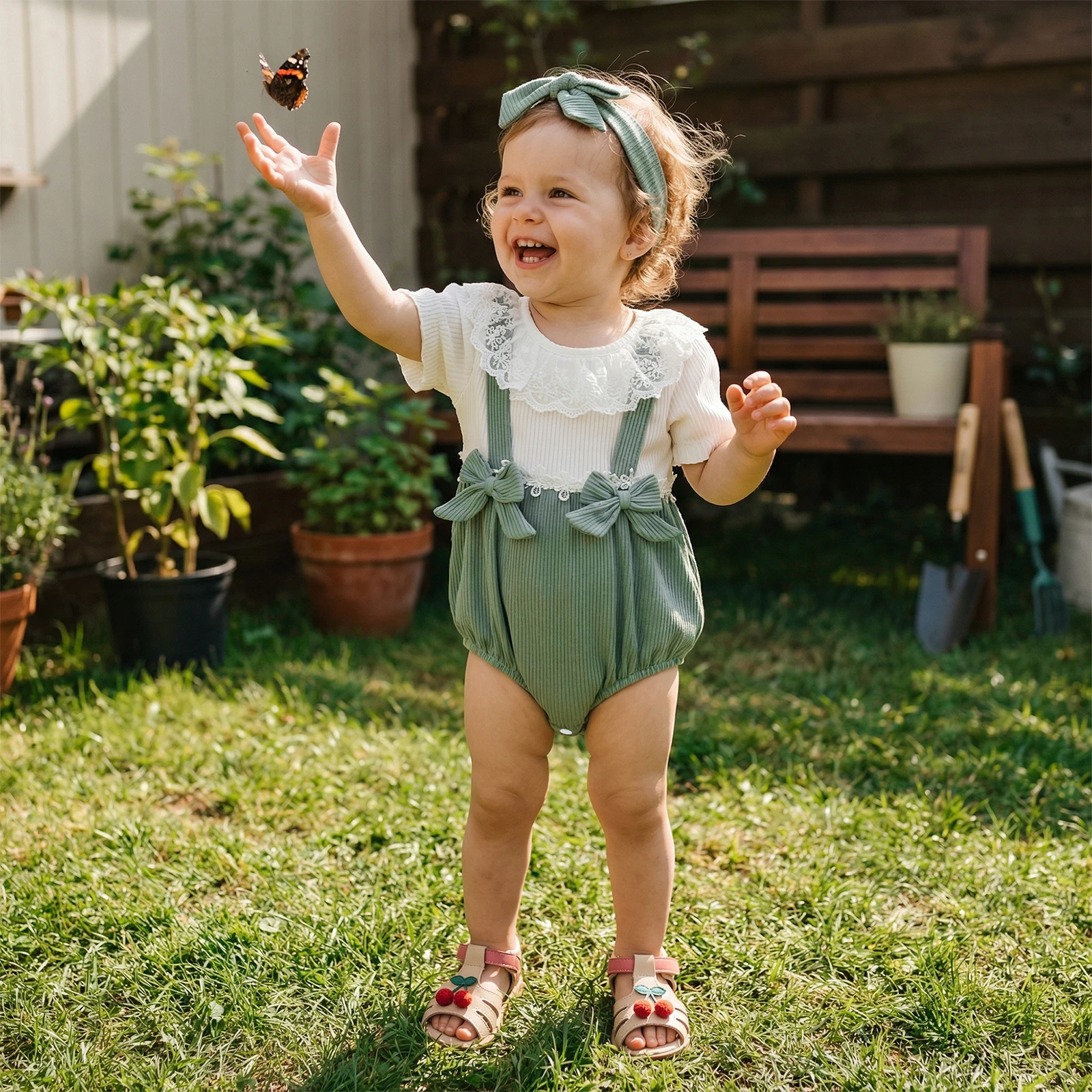 

Летний комбинезон для маленьких девочек, комбинезон с кружевной отделкой и бантом, имитация двух частей, контрастный цвет, ребристый комбинезон с короткими рукавами и повязкой на голову, комплект из 2 предметов