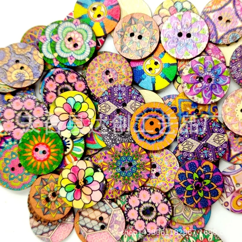Nieuwe 15 mm / 20 mm / 25 mm retro bedrukte houten schijfknoppen, 100 houten knopaccessoires met antiek patroon