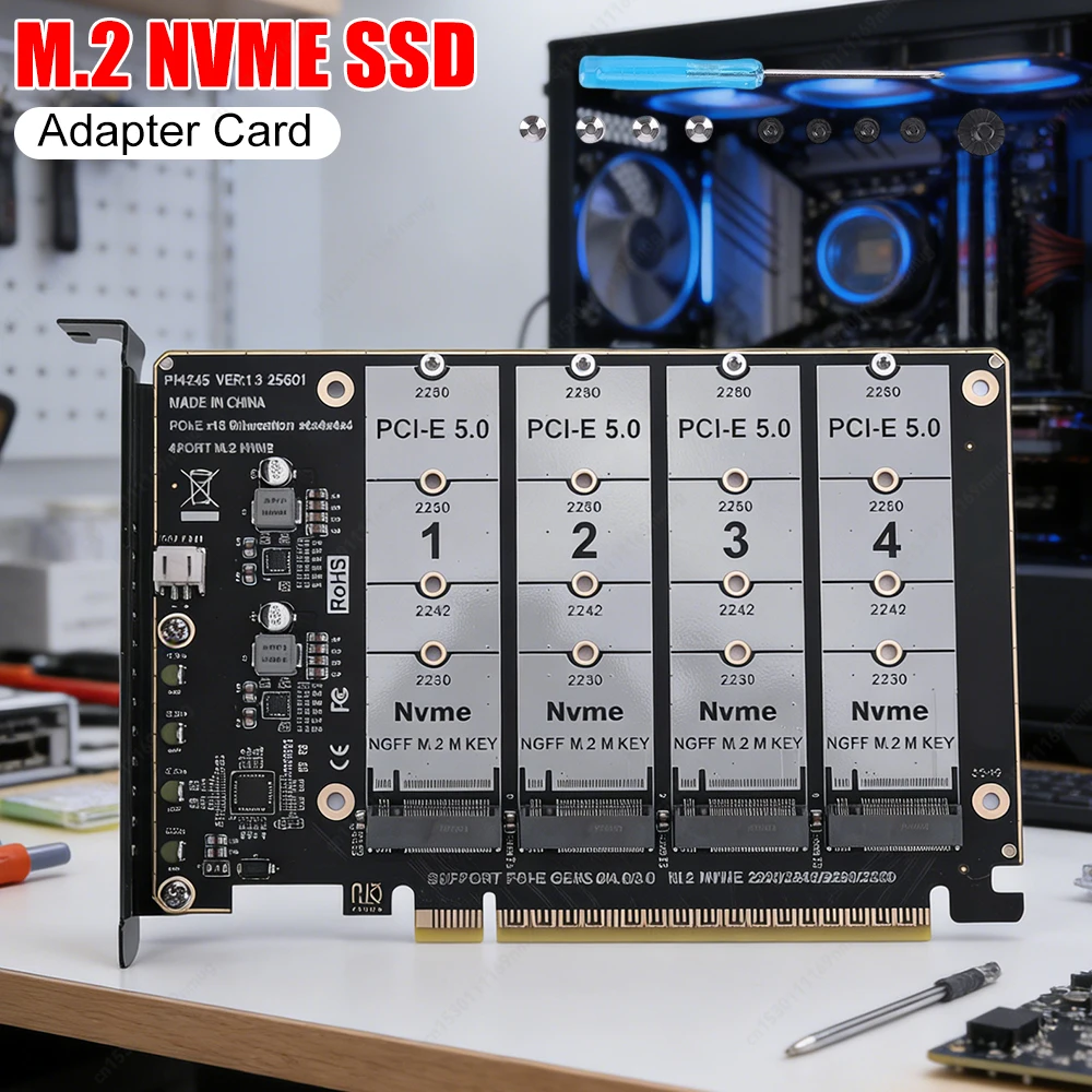 

PCIE Express 5.0 Gen5 Gen4 X16 Detachable Bifurcation Raid Card To 4X NVME M.2 NGFF SSD Hard Drive Converter