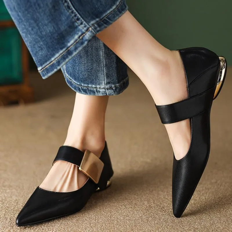 

Low Heel Mary Jane Flats Women Spring Autumn Retro Brown Pointed Toe Flat Bottom French Mule Shoes Comfortable Leather Shoes