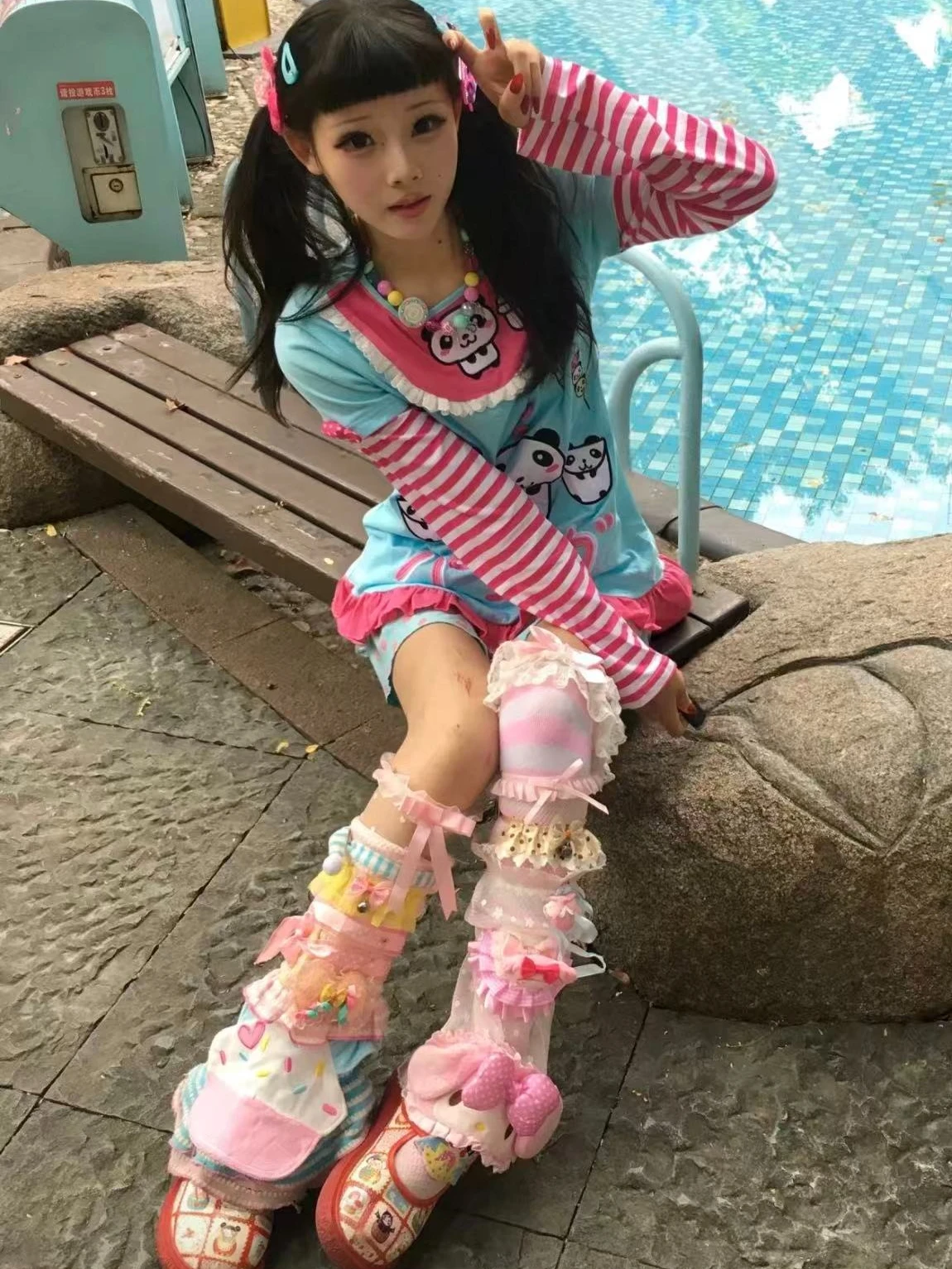 Long Sleeve Tee Blue Pink Panda Cartoon Print Lace Ruffle Hem Striped Fake Two Piece Summer Kawaii Harajuku Streetwear Top Women