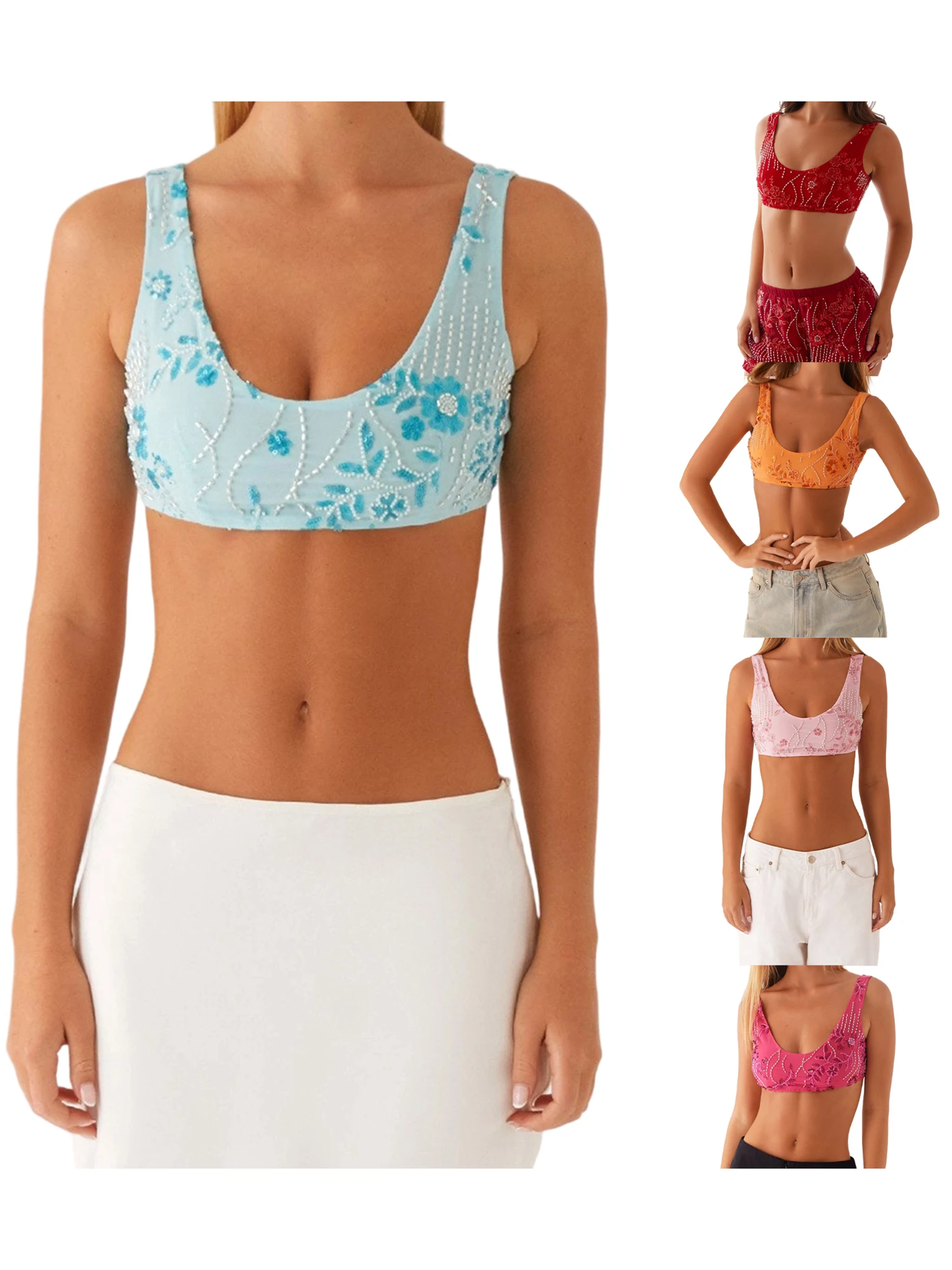 이번 여름에 스타일리시하고 핏이 좋은 느낌을 연출해주는 스쿱 네크라인과 민소매 디자인의 여성용 글리터 스팽글 탱크탑