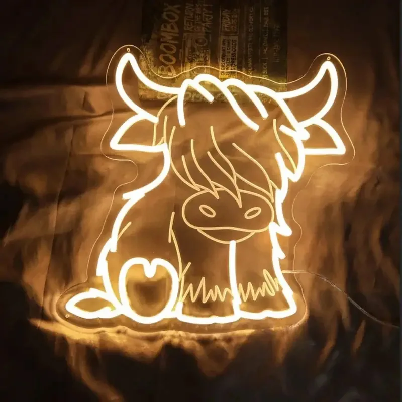 Highland Cow USB LED Neon Sign, Tattoo Style Acrylic Light for Camping Van, Customizable Cartoon Neon Light for Wedding Party