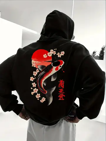2025 New Koi Fish Cherry Blossom Print Cool Men Women Hooded Sweatshirt Autumn Winter Daily Outdoor Casual Loose Warm Sportswear