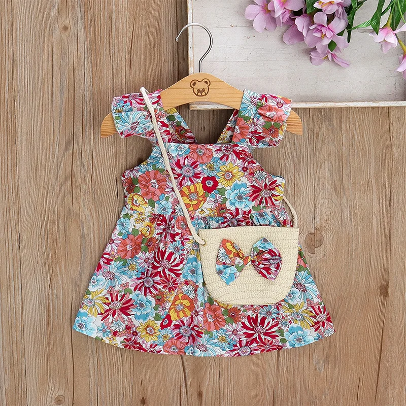 2 Pcs Summer New Baby Girl Dress Fashionable Floral Fly Sleeve Cotton Dress with Crossbody Bag Suitable for Babies Aged 0-3