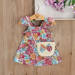 2 Pcs Summer New Baby Girl Dress Fashionable Floral Fly Sleeve Cotton Dress with Crossbody Bag Suitable for Babies Aged 0-3