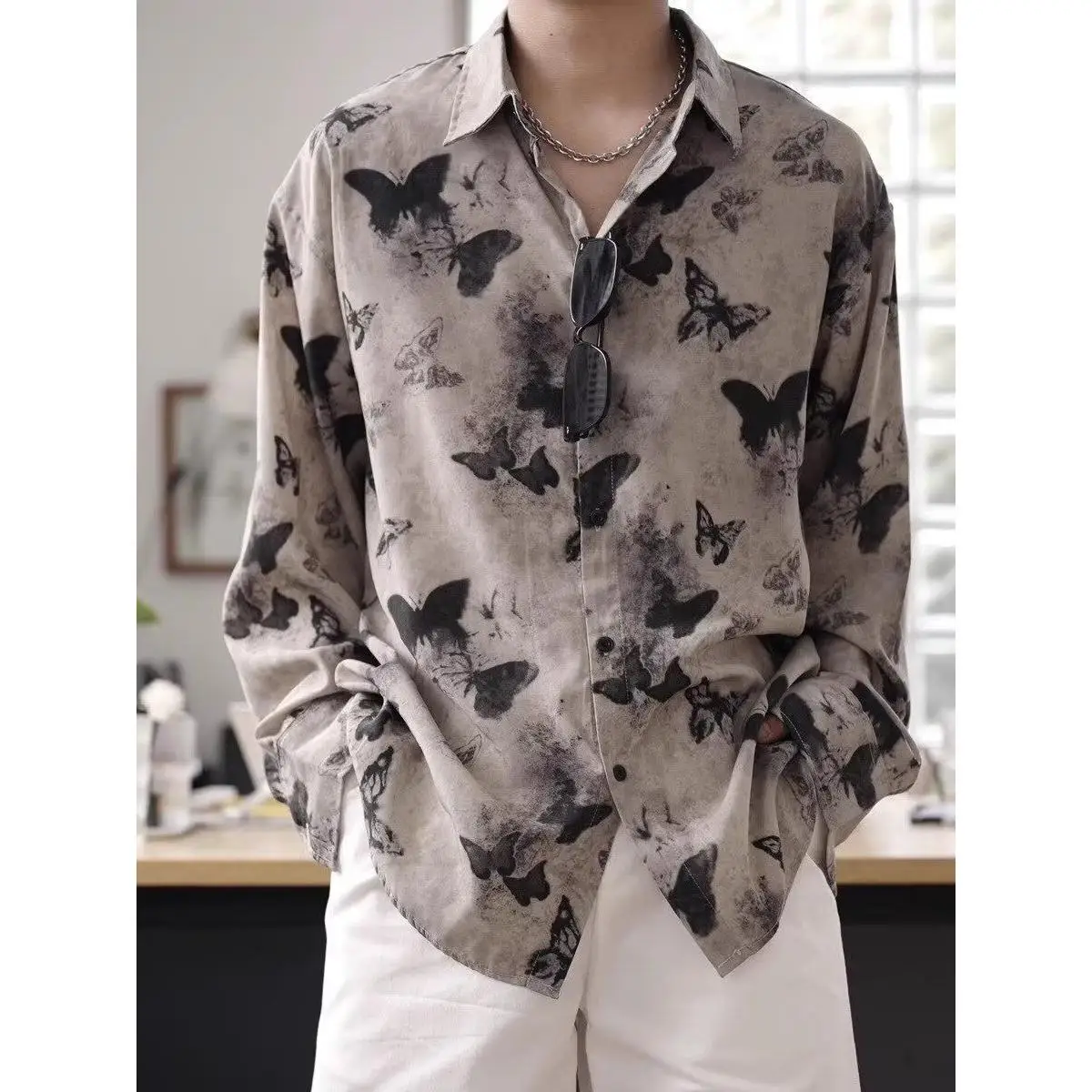

Spring Summer Lazy Sle Men's Vintage Print Long Sve Loose Casual Faion Collar irt Trendy Stand Fit Poly...