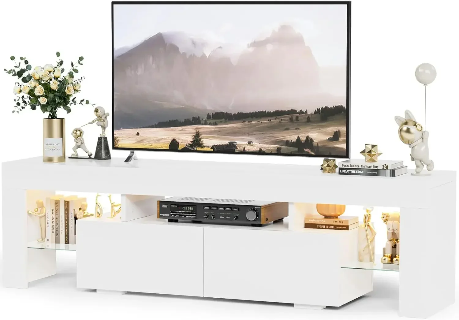 Modern LED TV Stand for Televisions up to 70 Inch with Glass Shelves and Drawer, Gaming Entertainment Center