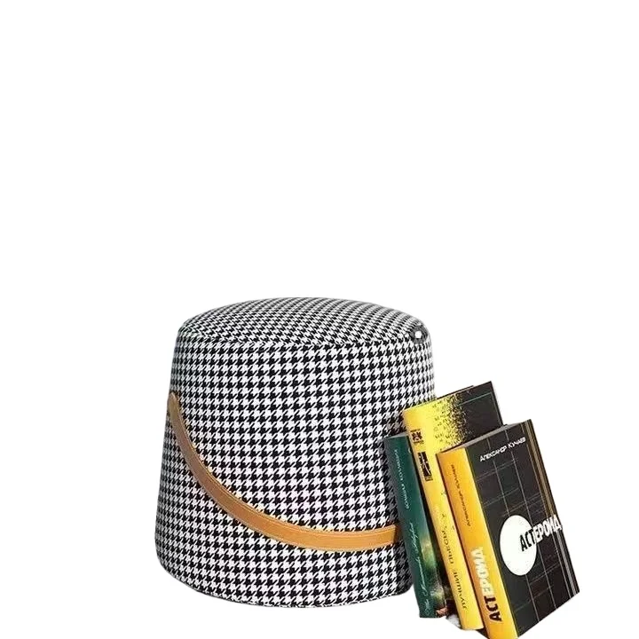 Plaid Stool for Home Living Room Sofa Footrest Ottoman Bench for Shoes Changing Lightweight Luxury Round Wooden Minimalist