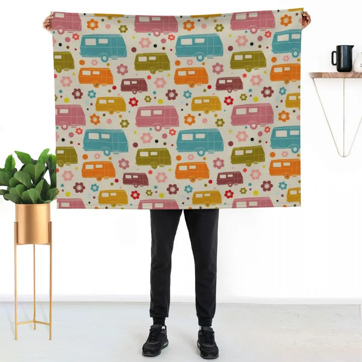 Colourful Vintage Caravans and Flowers Pattern Throw Blanket Sofa christmas decoration Plaid Softest Sofas Blankets