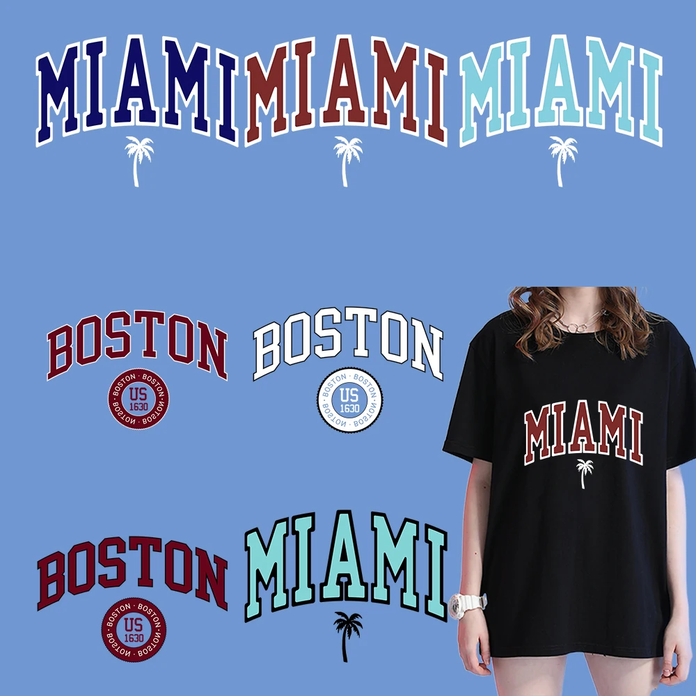 Miami e Boston Letter Thermal Transfer Sticker toppe termoadesive Diyprint ad alta definizione per zainetto lavabile Applique Decor