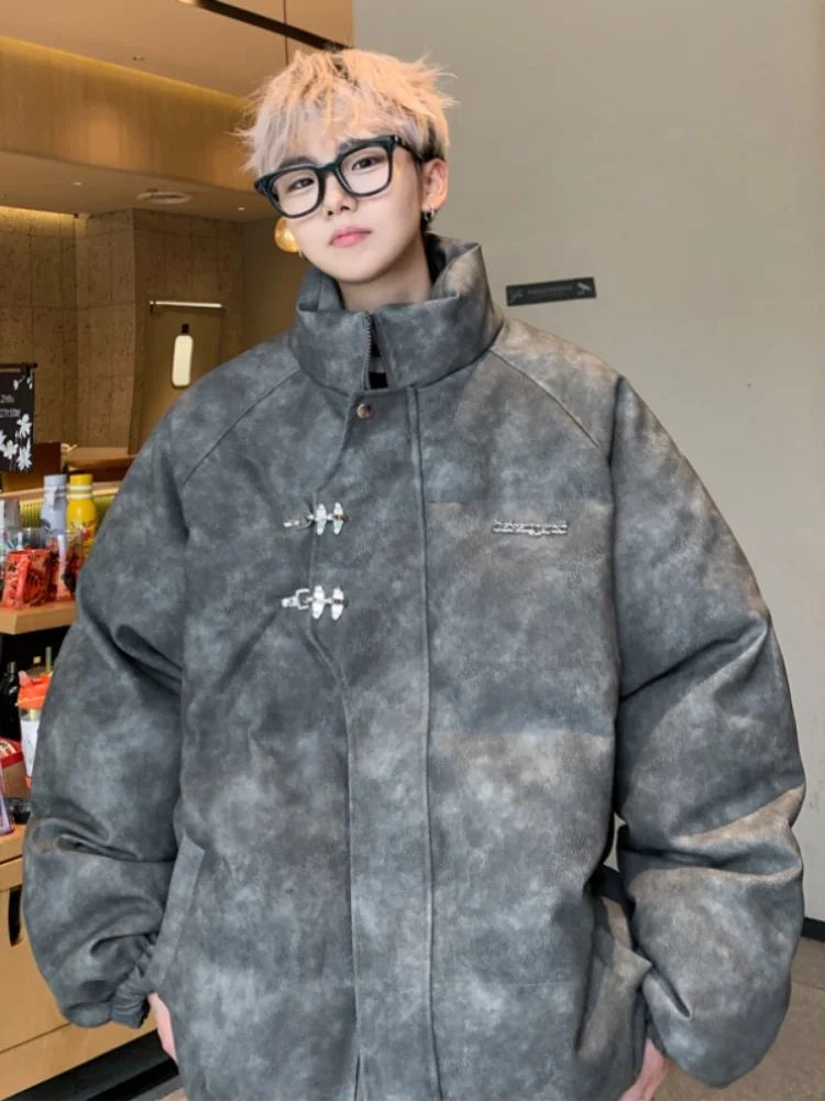 

Warm Thiened PU Leather Cotton Jaet Men's Winter Casual Sle Metal Bule American Sle Bread Coat Loose Fit Cotton Pad...