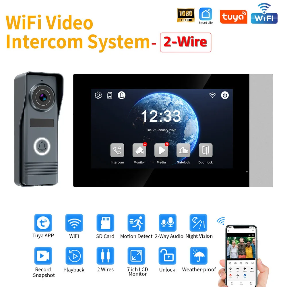 2線式スマートホームTuya Wifi 1080Pビデオインターホンビデオドアホン7インチタッチモニタービデオドアベルドアカメラセキュリティシステム