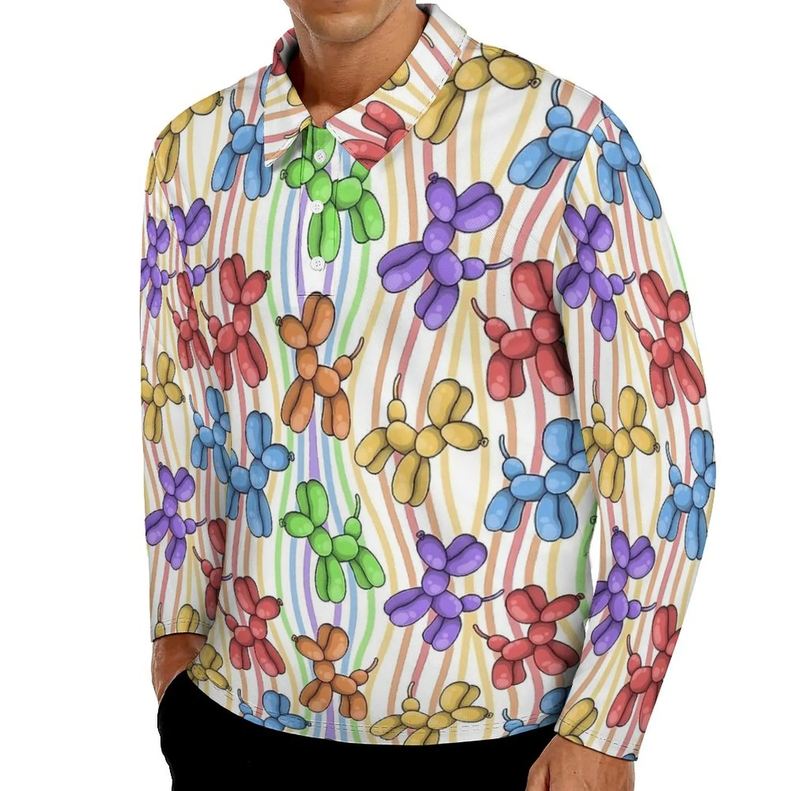 Rainbow Balloon Dogs Polo Shirts Spring Balloon Animals Casual Shirt Long Sleeve Collar Fashion Printed Oversized T-Shirts