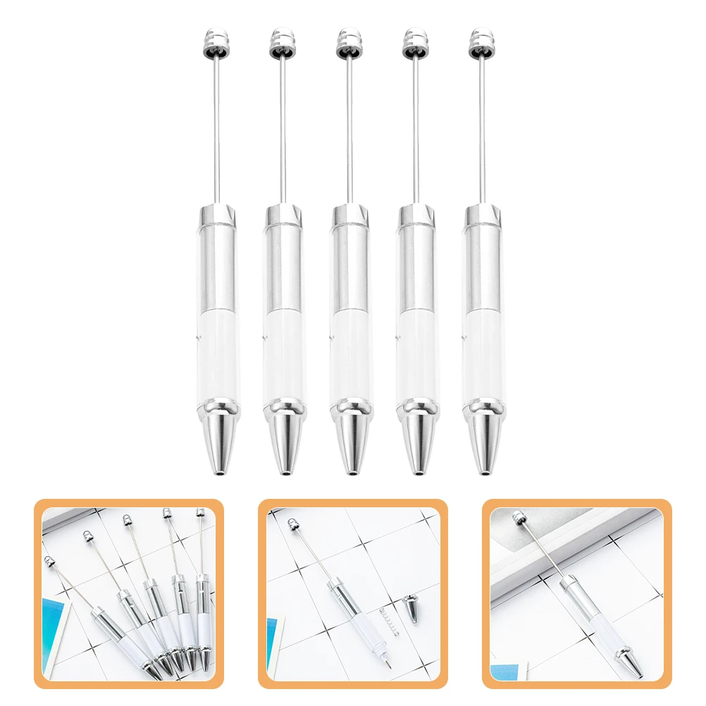 

5 Pcs Aesthetic Ballpoint Pens Beaded Beadable with Beads Printing Film Shape Plastic Adorable