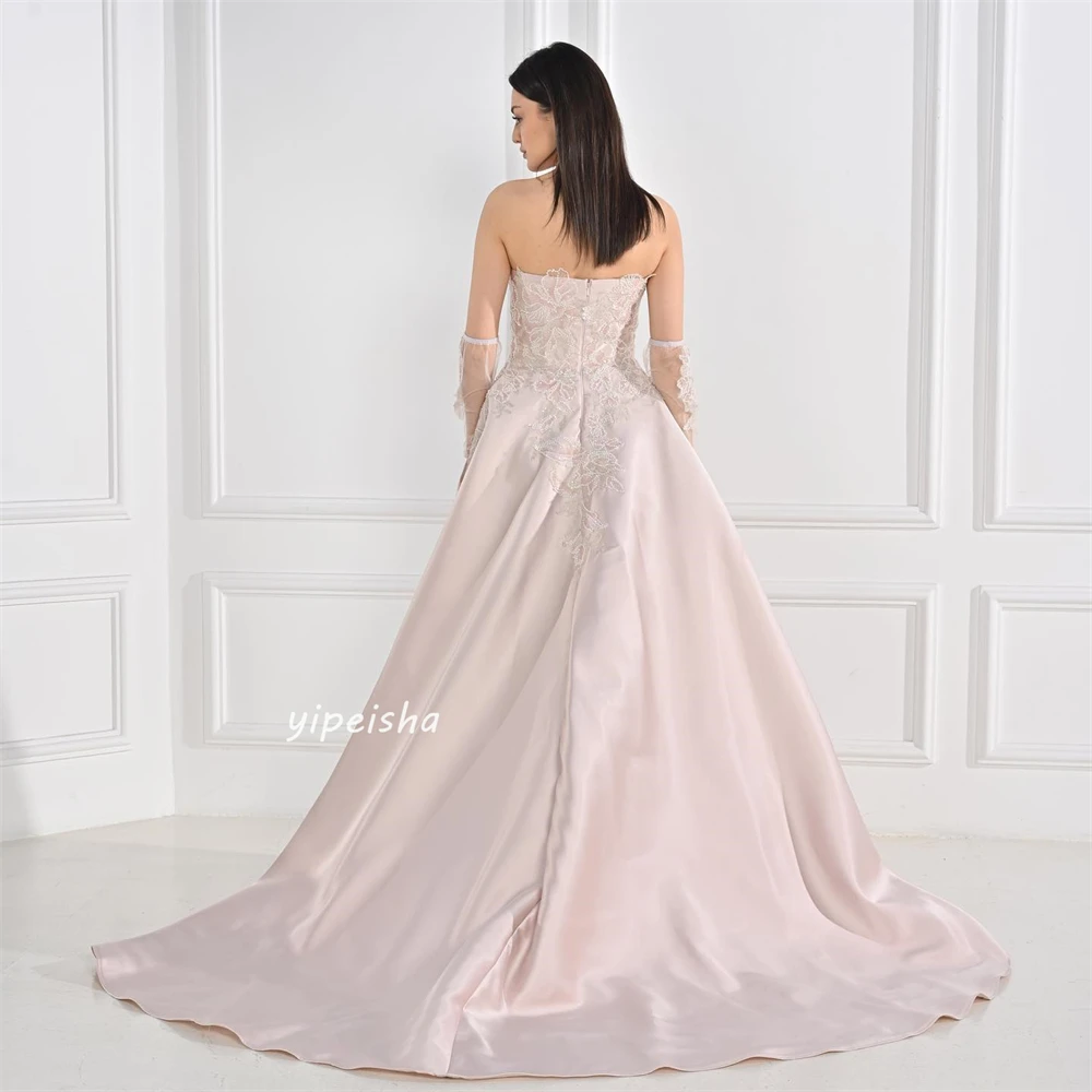 Disesuaikan indah Sparkle Satin Applique terbungkus Pleat malam A-line tanpa tali bahu Bespoke gaun acara gaun panjang