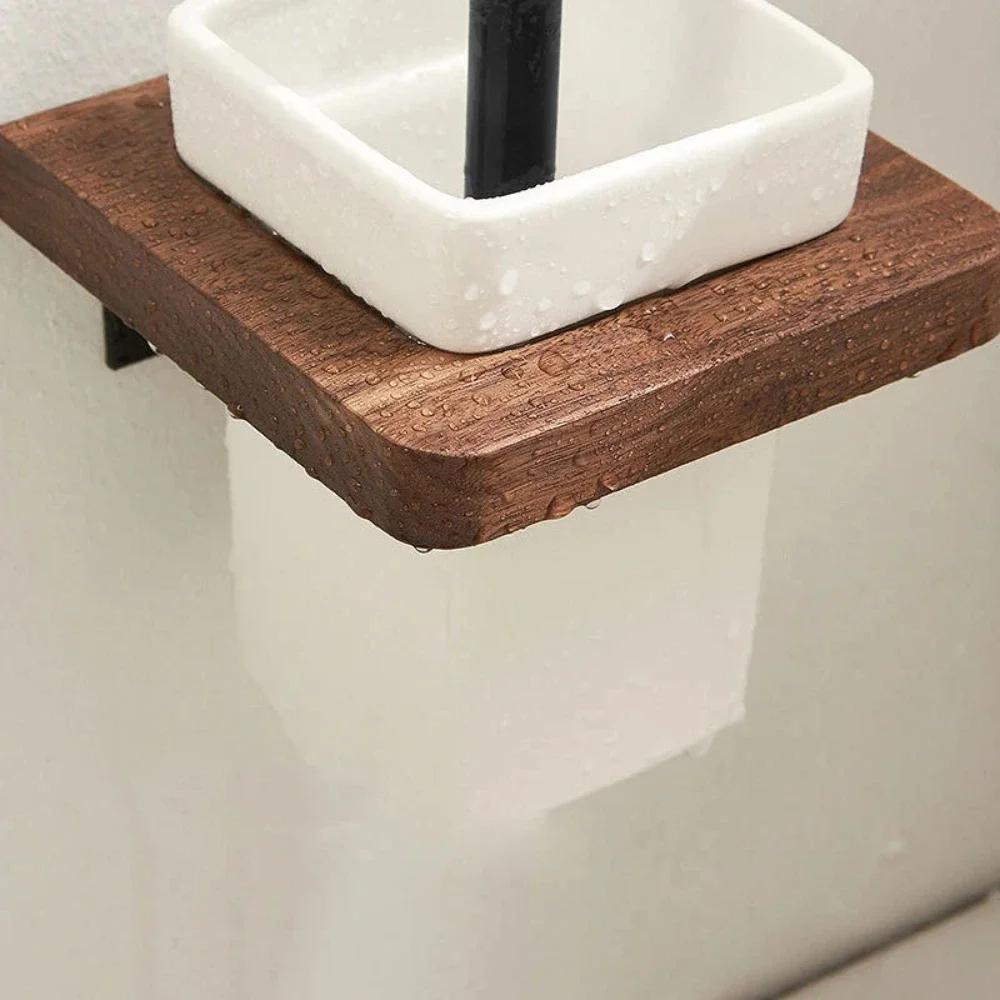 Wall-mounted Toilet Brush Holder Ceramic Base Solid Wood Holder Toilet Brush Set Luxury Bathroom Accessories No Dead Corner