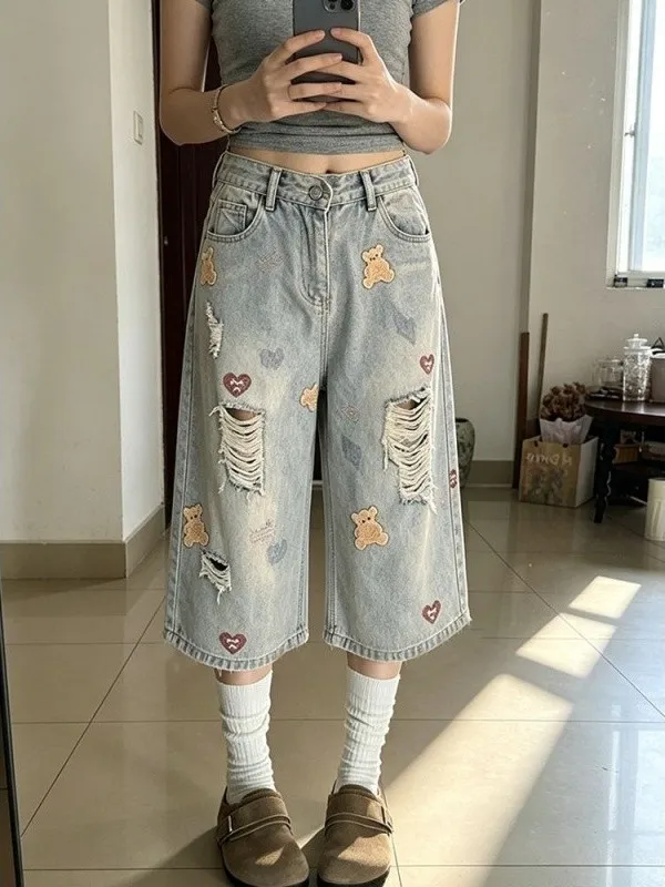 Sweet And Spicy Style High Waist Wide Leg Jeans Women's Retro Washed Denim Shorts with Embroidery And Hole Design Casual Summ...