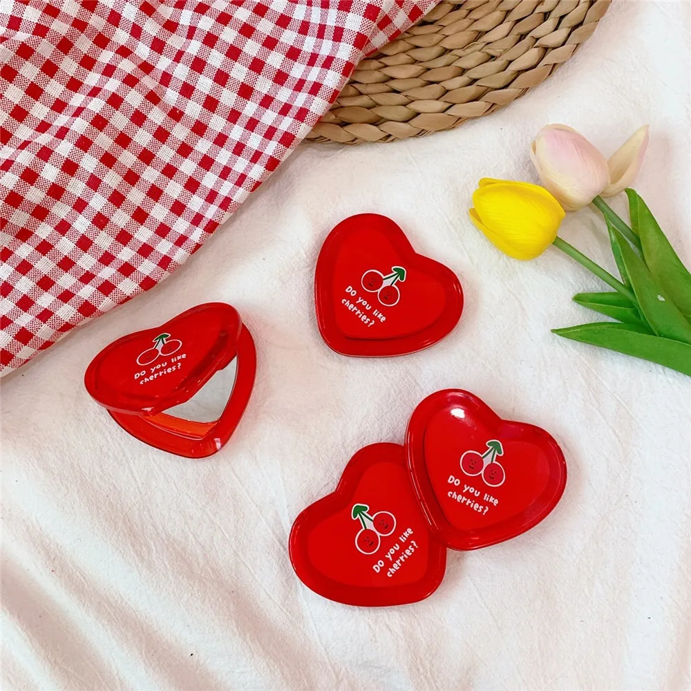 Fashion Cute Cherry Heart Mini Makeup Mirror Portable Girl Decoration Accessories Festival Gifts Travel Cosmetic Mirror