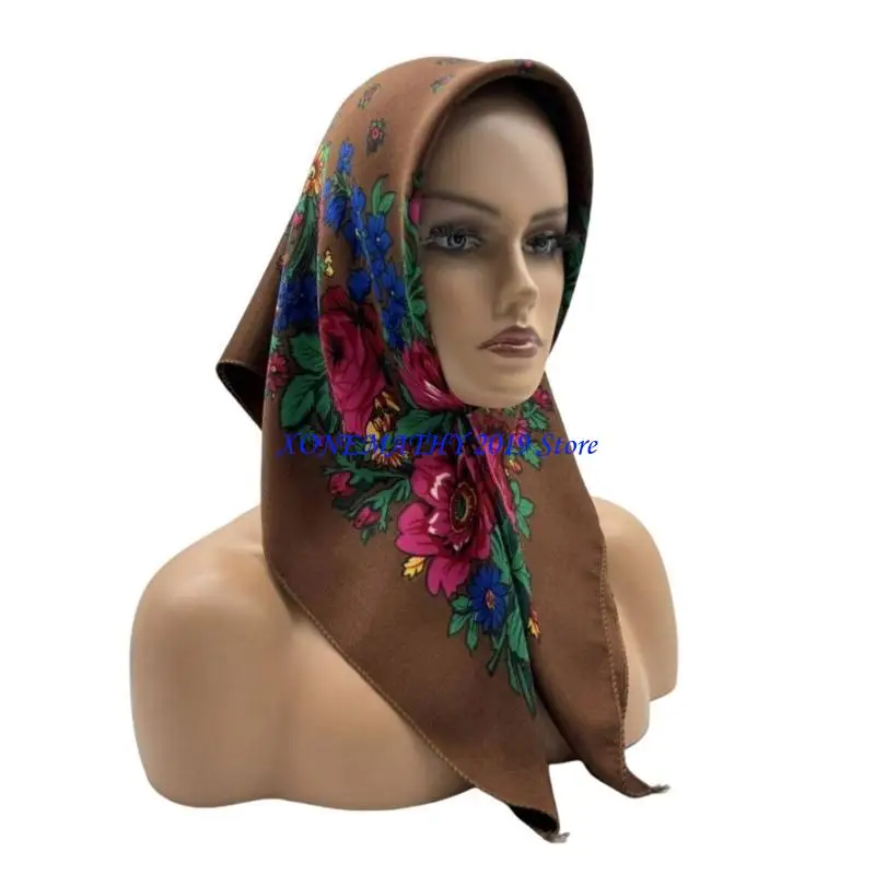 

F42F Russian Styles Big Flower Headscarf Bright Color Bandana Scarf for Women Rural Lookings Headwrap for Music Festival