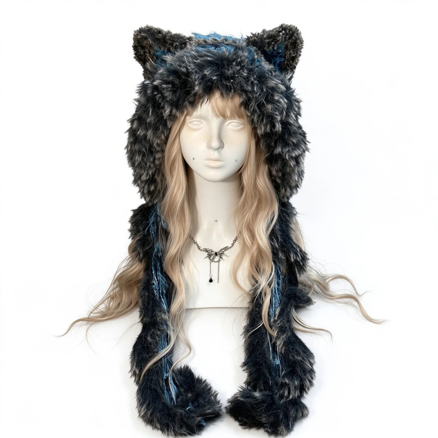 Handmade Black Blue Striped Cat Ear Hat Men Winter Warm Custom Crochet Plush Knit Beanie Women Cosplay Unisex Gothic Hood Cap