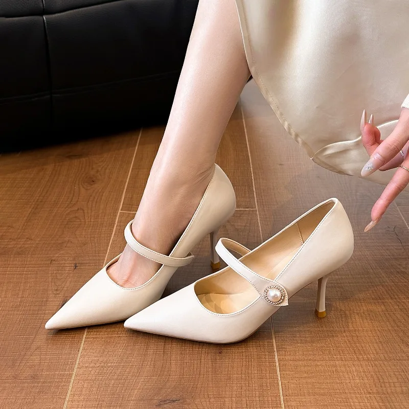 

2026 Women's Pumps High Heels Black Mary Jane Stiletto Heels Pearls Pointed Toe Office Shoes 4.5CM/6.5CM/8.5CM Q-856